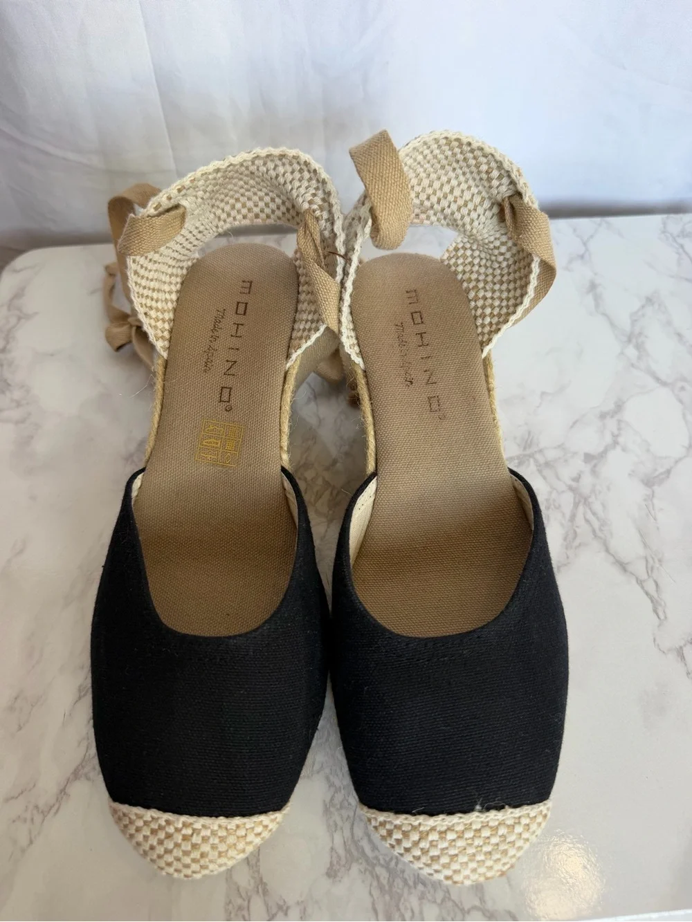 Women's Ankle-Tie Espadrille Wedges in Black and Tan
